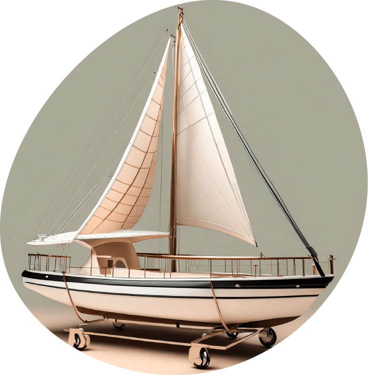 Wooden sailboat with wheels on pastel background